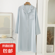春夏新款睡衣女冰絲襯衫睡裙女長(zhǎng)款系帶性感寬松男友風(fēng)長(zhǎng)袖家居服 5281-3#淺水藍(lán) M