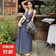 大碼法式復(fù)古掛脖連衣裙女春季高級感垂感裙子胖MM遮肚顯瘦A字裙 格紋連衣裙 XL 【建議110-125斤】