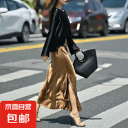 【松緊腰+拉鏈+側(cè)開(kāi)叉】高品質(zhì)半身裙法式氣質(zhì)顯瘦中長(zhǎng)A字裙8818 金色【裙長(zhǎng)90cm】 2XL （140-155）