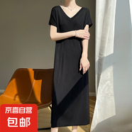 法式V領(lǐng)中長(zhǎng)款針織連衣裙女寬松休閑打底長(zhǎng)裙短袖t恤裙/RT1103-X 黑色 2XL