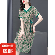 冰絲連衣裙套頭夏季新款大碼花大擺裙顯瘦氣質(zhì)過膝中長裙有口袋 圖片色 4XL 【建議160-175斤】