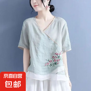 新款文藝復(fù)古棉麻繡花短袖女寬松顯瘦民族風(fēng)上衣雙盤扣中國風(fēng)襯衫 406-綠色 M 建議90-110斤