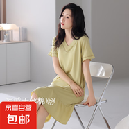 帶胸墊睡裙女夏季短袖天絲棉睡衣中長(zhǎng)裙薄款大碼家居服夏天連衣裙 DK62253蜜瓜綠【帶胸墊】 L