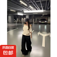 美式復古斜肩t恤衫女夏季短袖小眾設計感寬松甜辣妹一字露肩上衣 T390白色 S
