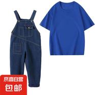 男女童牛仔背帶褲套裝夏季幼兒園畢業(yè)照班服兒童兄弟姐妹 藍色套裝 110