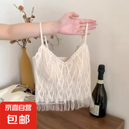 2025新款法式蕾絲拼接流蘇美背內衣女士固定一體杯無鋼圈吊帶背心 白色 L 【115-135斤】