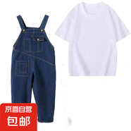 男女童牛仔背帶褲套裝夏季幼兒園畢業(yè)照班服兒童兄弟姐妹 白色套裝 110