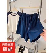 設(shè)計(jì)感抽繩天絲軟牛仔短褲女2024夏季新款高腰顯瘦闊腿中褲五分褲 藍(lán)色抽繩天絲軟牛仔短褲單件 M