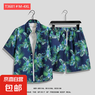 夏威夷花襯衫沙灘套裝夏薄款三亞旅游男女情侶大碼寬松休閑五分褲 T3681黑色 4XL