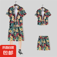三亞沙灘套裝男潮牌花襯衫夏威夷風(fēng)痞帥嘻哈洋氣網(wǎng)紅短袖短褲整套 【1113套裝】黑色 XL