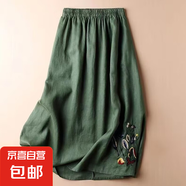 棉麻半身裙夏季復(fù)古女2024新款刺繡純色大擺裙百搭顯瘦中長(zhǎng)款女裙 綠色 3XL 碼-建議145-165