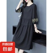 圓領(lǐng)繡花民族風(fēng)連衣裙2025新款大碼春秋女裝復(fù)古拼接寬松顯瘦裙子 黑色 2XL