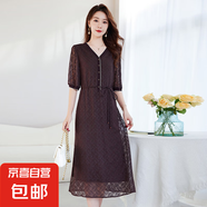 100%真絲刺繡連衣裙女螺紋拼色V領(lǐng)氣質(zhì)優(yōu)雅媽媽顯瘦桑蠶絲夏裙 朱古力 XL (115-125斤)
