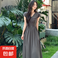 法式復古V領(lǐng)連衣裙女2025夏季氣質(zhì)顯瘦抽褶開(kāi)叉長(cháng)裙子夏天1024 灰色 XL 【120-130斤】