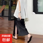 【松緊腰+拉鏈+側(cè)開叉】高品質(zhì)半身裙法式氣質(zhì)顯瘦中長A字裙8818 黑色【裙長90cm】 L （110-125）