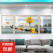 客廳裝飾畫(huà)輕奢山水畫(huà)三聯(lián)新中式墻畫(huà)沙發(fā)背景墻掛畫(huà)現代簡(jiǎn)約壁畫(huà) 祿石同春（鋁合金邊框） 左右50*70中100*70-晶瓷膜金框