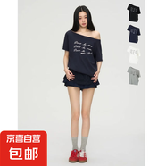 美式字母印花斜肩t短袖t恤女夏季設計感露肩顯瘦上衣GXXX94-50488 藏青色 S
