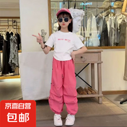 爵士舞服裝女童露臍炸街演出服兒童嘻哈潮酷街舞潮服 白T加西瓜紅褲子 140
