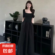 拼接顯瘦氣質(zhì)百搭遮肚子連衣長裙赫本風(fēng)方領(lǐng)2025夏季新款D1036 黑色 L 【110-120斤】