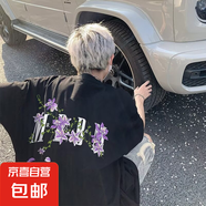 藤蔓花卉印花純棉短袖t恤男士夏季2025新款美式高街潮牌上衣YXSJ 1450黑色 XL （喜歡寬松建議拍大一碼）