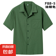 薄款透氣高端亞麻男裝短袖中式立領(lǐng)上衣夏季款棉麻T恤男士Polo衫 F88-5油綠色 M (39)