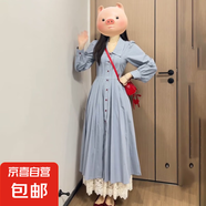 法式慵懶風(fēng)簡約可愛翻領(lǐng)襯衫連衣裙女學(xué)生春季氣質(zhì)收腰顯瘦a字裙 藍色 M
