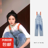 減齡氣質(zhì)撞色牛仔背帶褲女2024夏季大碼胖妹妹mm韓版吊帶連體褲子 藍(lán)色撞色牛仔背帶褲單件 S