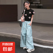 韓國童裝男女童工裝褲直筒褲子中大童寬松休閑褲長褲潮 黑色套裝 170