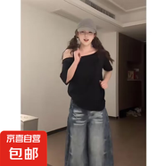 美式復古斜肩t恤衫女夏季短袖小眾設計感寬松甜辣妹一字露肩上衣 T390黑色 L
