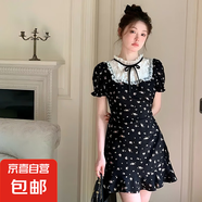 法式茶歇拼接黑色碎花連衣裙miu系收腰a字小黑裙少女短裙D1326 黑色短款 XL 【120-130斤】