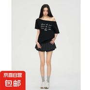 美式字母印花斜肩t短袖t恤女夏季設計感露肩顯瘦上衣GXXX94-50488 黑色 XL