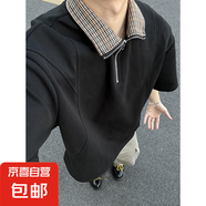 cleanfit千鳥格格子拼接翻領(lǐng)短袖T恤男夏季潮牌老錢風(fēng)polo衫上衣 顏色(黑色) 3XL 160-180斤