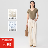 【之禾制造商】桑蠶絲免燙螺紋短袖t恤女休閑正肩透氣短袖上衣HYM 橄欖綠V領 L