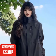 沖鋒衣外套女春秋vintage美式復古寬松休閑工裝夾克上衣 黑色 3XL
