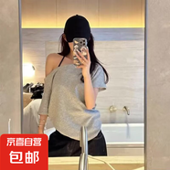 美式復古斜肩t恤衫女夏季短袖小眾設計感寬松甜辣妹一字露肩上衣 T390花灰色 XL