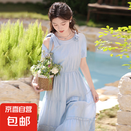 法式連衣裙2025夏季新款氣質(zhì)溫柔風(fēng)蝴蝶結設計感長(cháng)裙子夏天1460 藍色 L 【110-120斤】