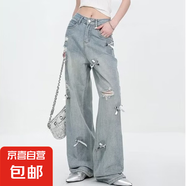 美式復(fù)古蝴蝶結(jié)破洞牛仔褲女夏新款磨破設(shè)計感小眾秋裝懷舊直筒褲 淺藍(lán)色 L