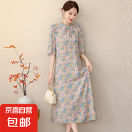 中年媽媽新中式復古休閑連衣裙女夏季薄款時(shí)尚寬松收腰大碼碎花裙 花色5 3XL
