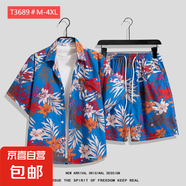 夏威夷花襯衫沙灘套裝夏薄款三亞旅游男女情侶大碼寬松休閑五分褲 T3689 3XL
