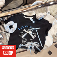 兒童純棉短袖T恤女童卡通立體玩偶蝴蝶結(jié)上衣女寶百搭休閑T恤潮 黑色 140 140碼建議身高120-130cm