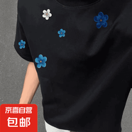 美式國潮牌花朵印花短袖T恤男女夏季新款寬松百搭情侶半袖體恤衫 25230黑色 2XL