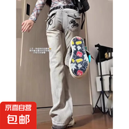 2025年新款白底潮刺繡高腰彈力提臀收胯淺色小腳牛仔長褲個性潮褲 灰色-新塘P68 S