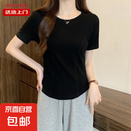 夏韓版圓領(lǐng)弧形下擺短袖t恤女修身不規(guī)則純欲風(fēng)上衣短款RL#A007# A007#黑色 XL 【103-117斤】