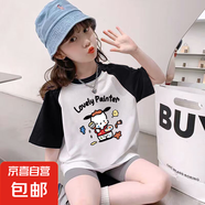 童裝純棉短袖T恤夏季新款中大童插肩拼接hellokitty卡通洋氣上衣 黑白-畫家帕恰狗 120