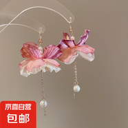布藝珍珠流蘇花朵耳環(huán)溫柔精致百搭耳鉤耳墜甜美清新氛圍感耳飾女 耳鉤-紫色