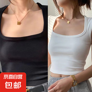 白色辣妹吊帶背心女外穿內(nèi)搭無袖寬肩帶短款方領(lǐng)露臍遮副乳上衣夏 K10-黑色+白色 L 建議體重95-115斤