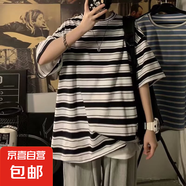 美式復(fù)古條紋短袖t恤男2025夏季寬松潮流港風(fēng)半袖學(xué)生情侶上衣DM 酷派689黑色 5XL