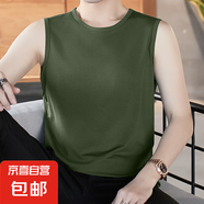 男士圓V領背心男修身韓版無袖坎肩休閑運動透氣背心  JS純色無袖 圓領軍綠 3XL