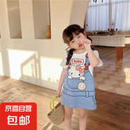 女童連衣裙2025夏季新款可愛(ài)女孩洋氣卡通印花寬松短袖T恤裙子潮 藍(lán)色KT貓 100