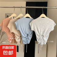 2025夏季新款純欲風(fēng)綁帶針織短袖t女圓領(lǐng)后背系帶短款針織衫上衣 肉桂粉 均碼 建議80-125斤